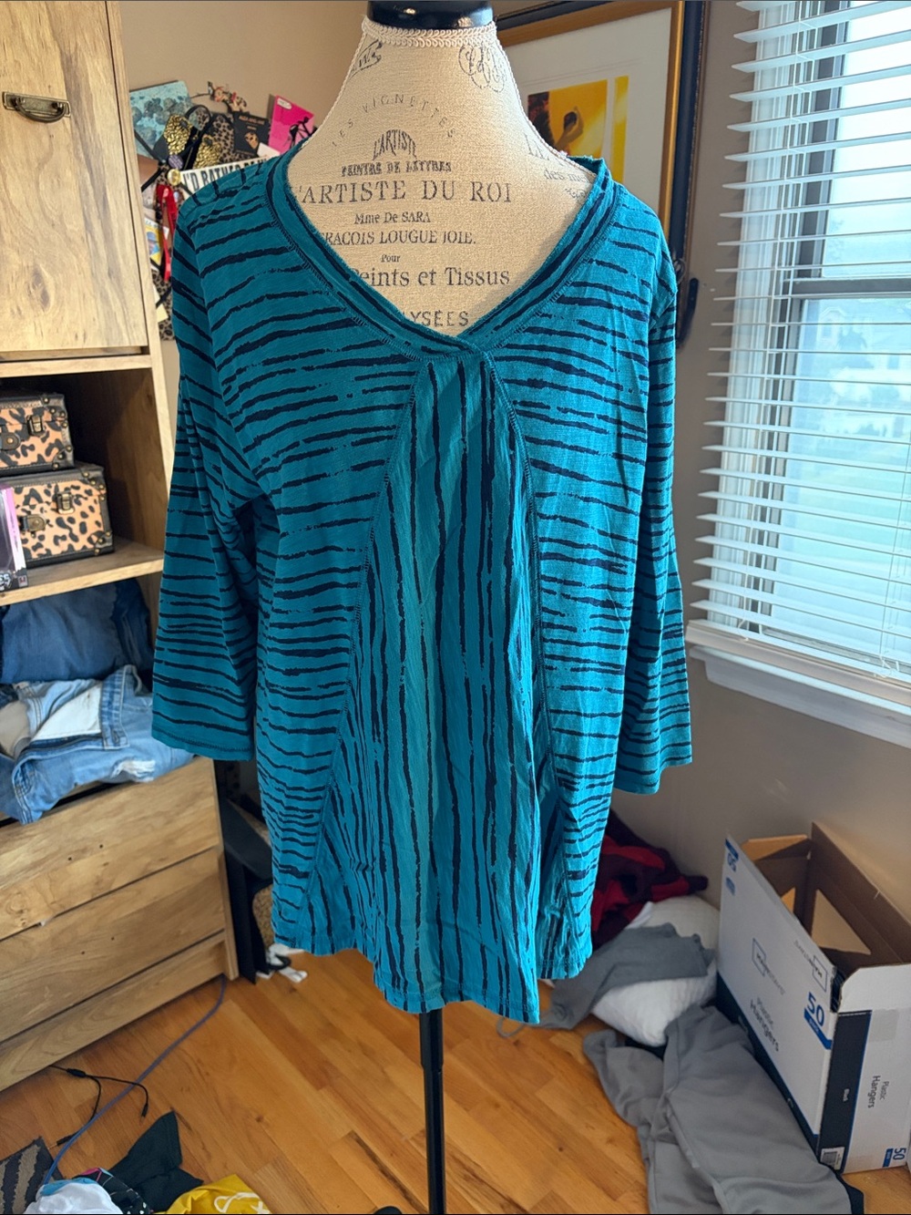 Teal & Black Striped V-Neck Women's Top - XL